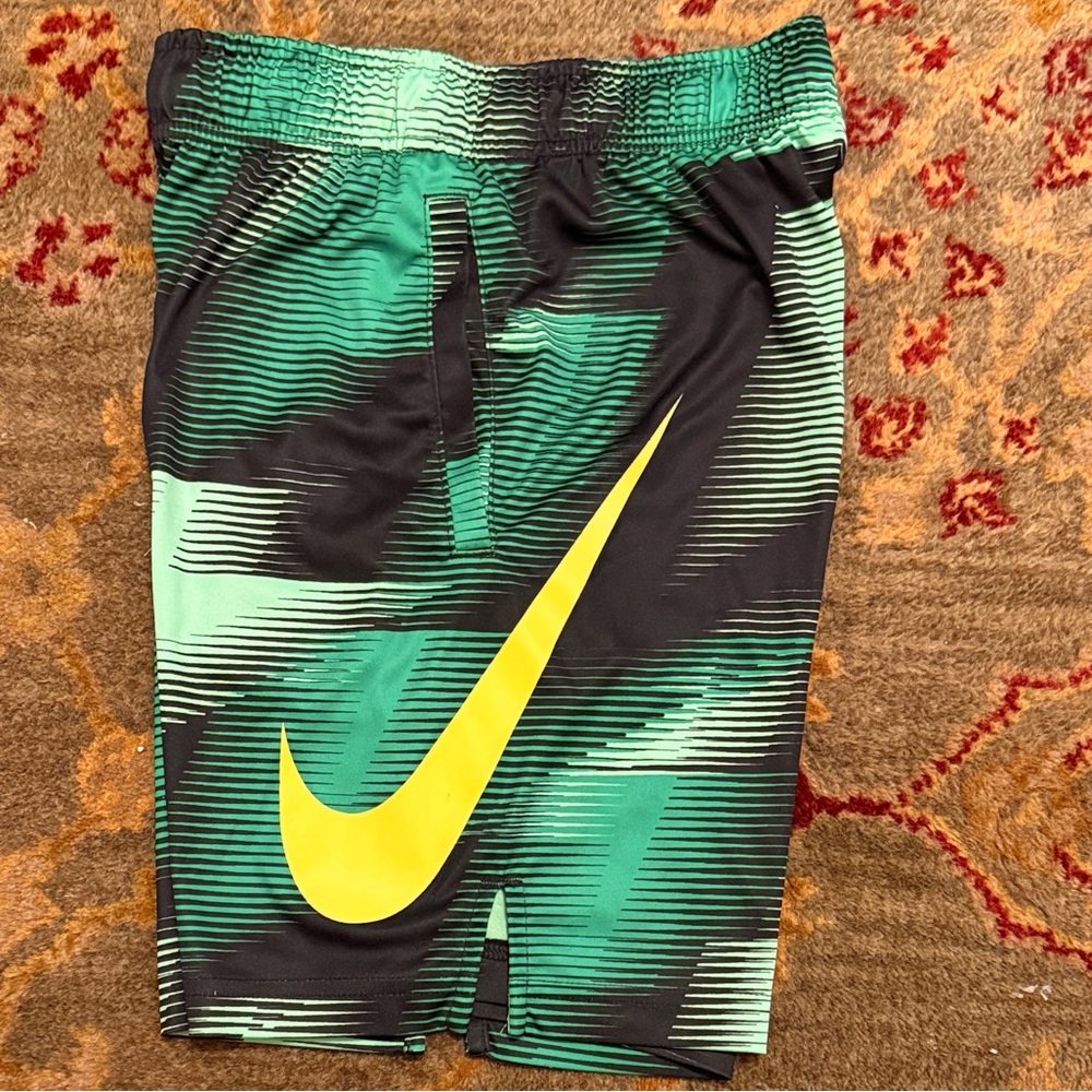 Nike Green and Black Graphic Shorts with Yellow Swoosh, boys small